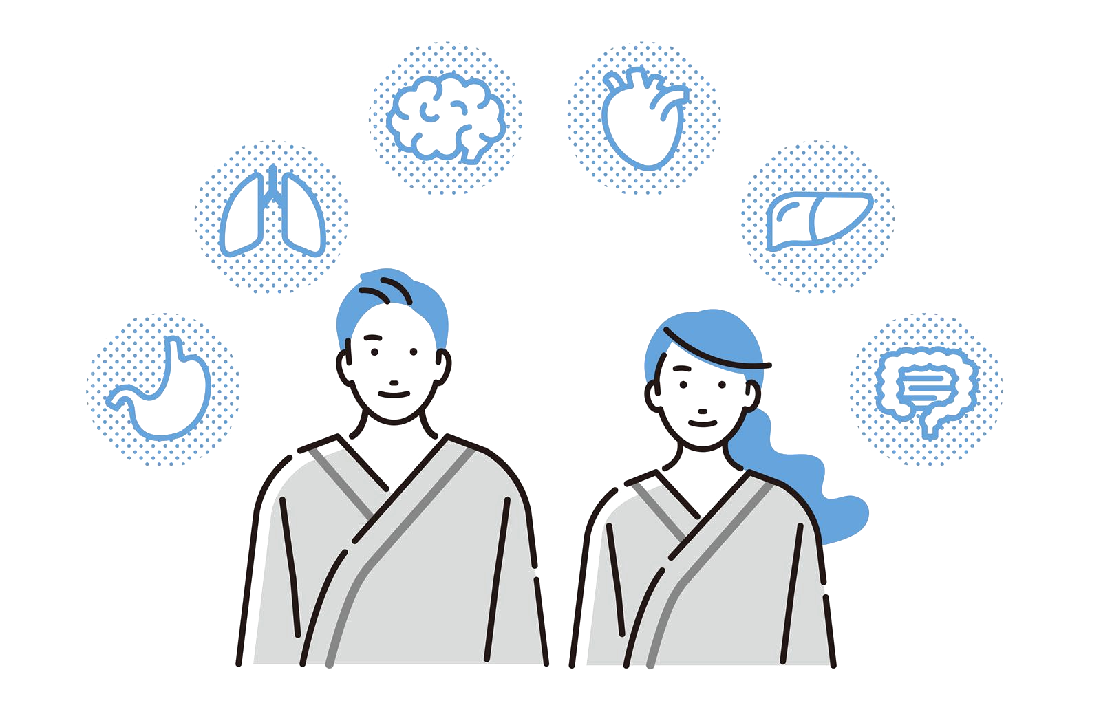 検査着を着た受診者と、からだの臓器のイラスト