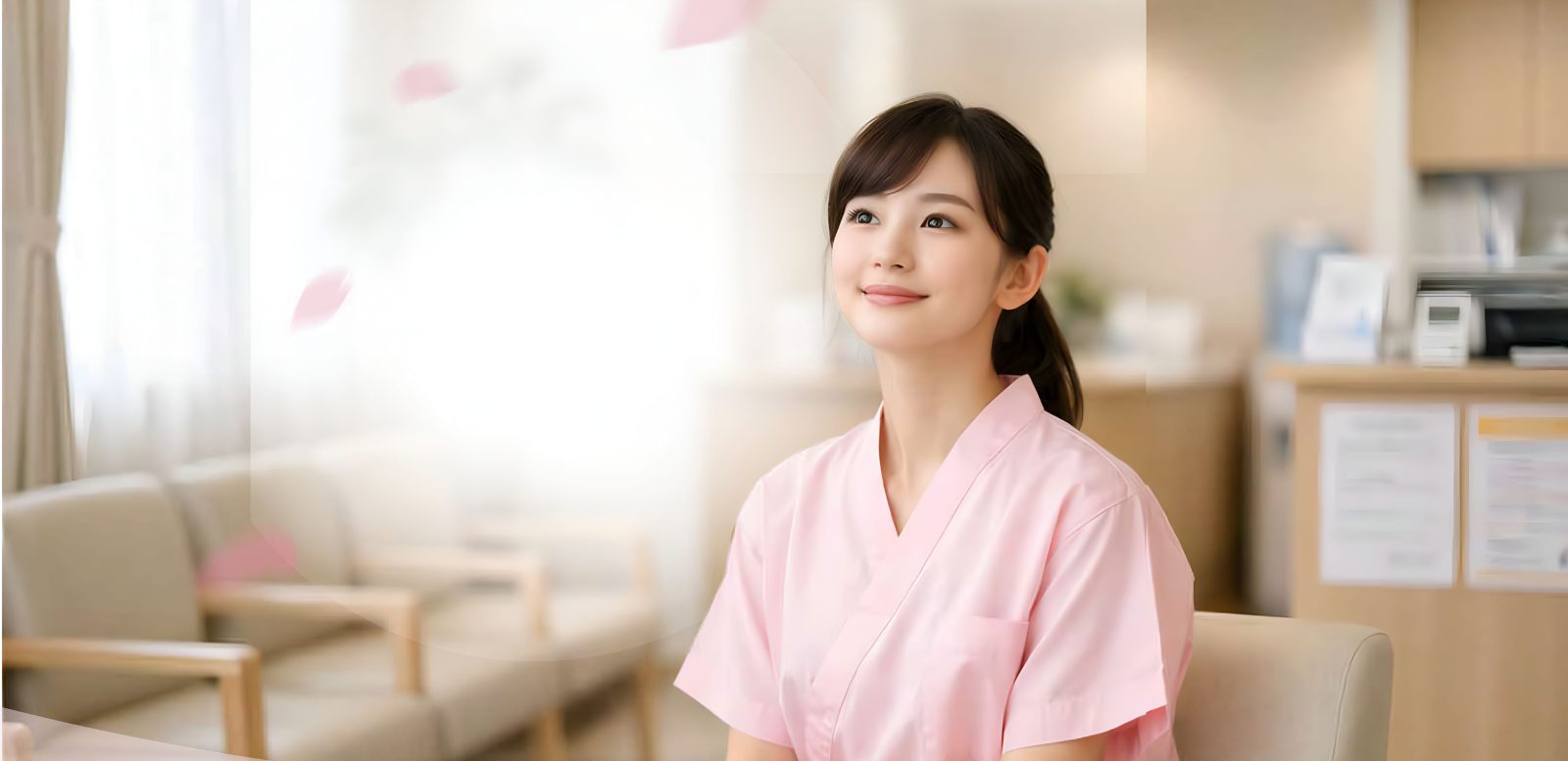 明るい待合室で、検査着を着て微笑む女性